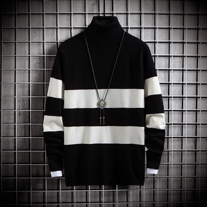 Sweater Rajut Pria Kerah Tinggi | Sweater Rajut Turtleneck Garis - Garis | Switer Rajut | Sweater Rajut | Knitwear | Outerwear