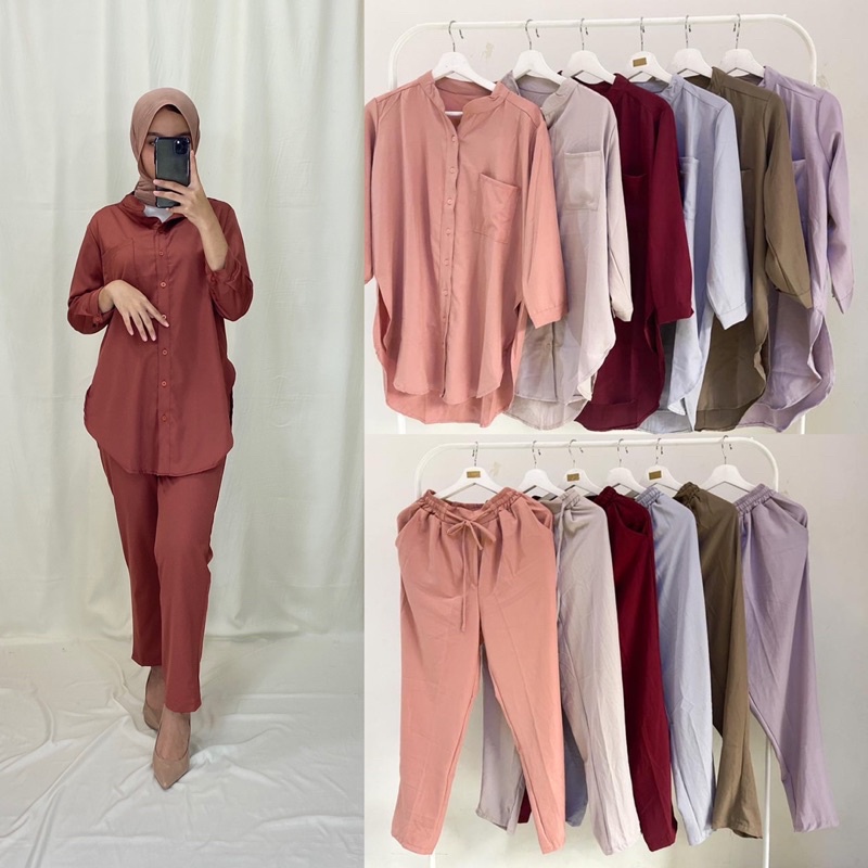 CELIA SET / ONESET BASIC / SETELAN WANITA BAHAN BOTEGA PREMIUM / SETELAN DAPAT KEMEJA + PANTS