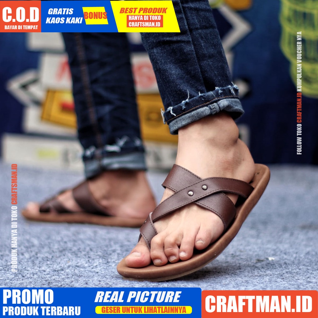 CRAFTS WIROS SANDAL KULIT PRIA BLACK BROWN SENDAL CASUAL JEPIT PRIA