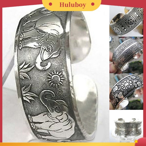 Hu Hu Hu Hu Hu Alat Bantu Pasang Kacamata♡ Gelang Bangle Open Vintage Tibet Desain Ukiran Gajah Warna Silver Untuk Wanita