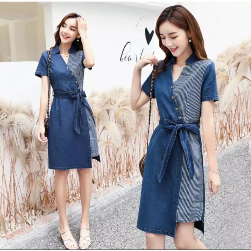 Dress pesta Jeans kombinasi salur formal acara resmi gereja gaun malam wanita anggun casual tali per
