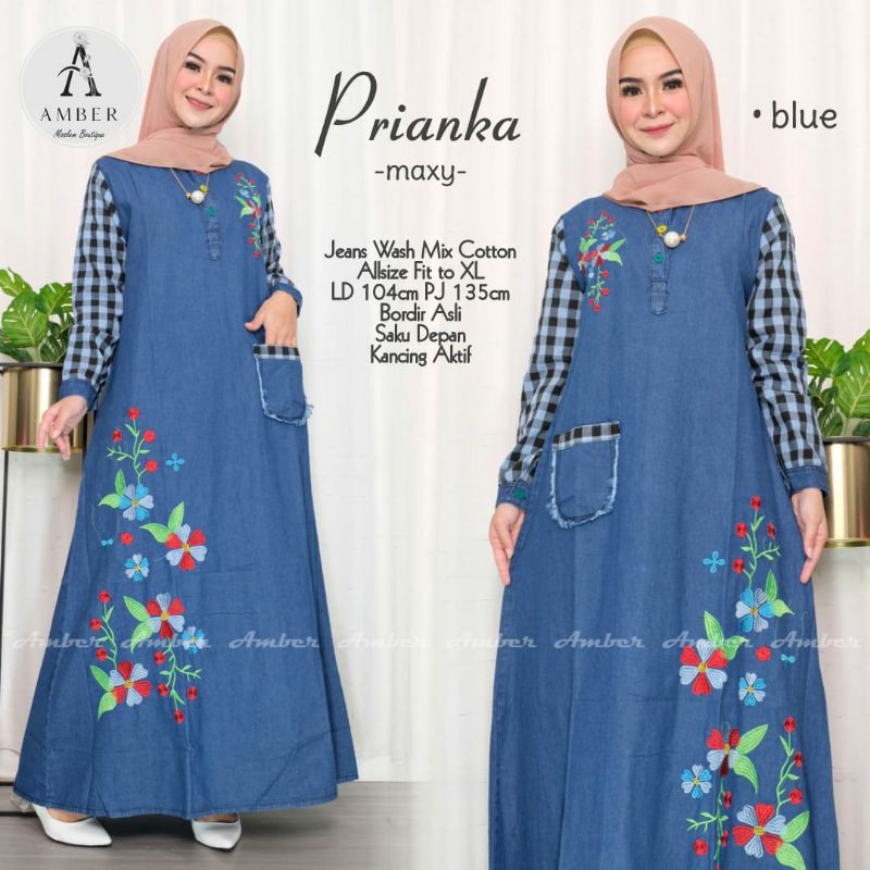 prianka gamis wanita dewasa jeans wash bordir bunga mix katun motif kotak-kotak terbaru