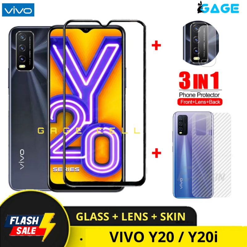 PROMO 3IN1 TEMPERED GLASS LAYAR KAMERA SKIN CARBON VIVO Y20 Y20i TG ANTI GORES FULL PROTECTOR GUARD