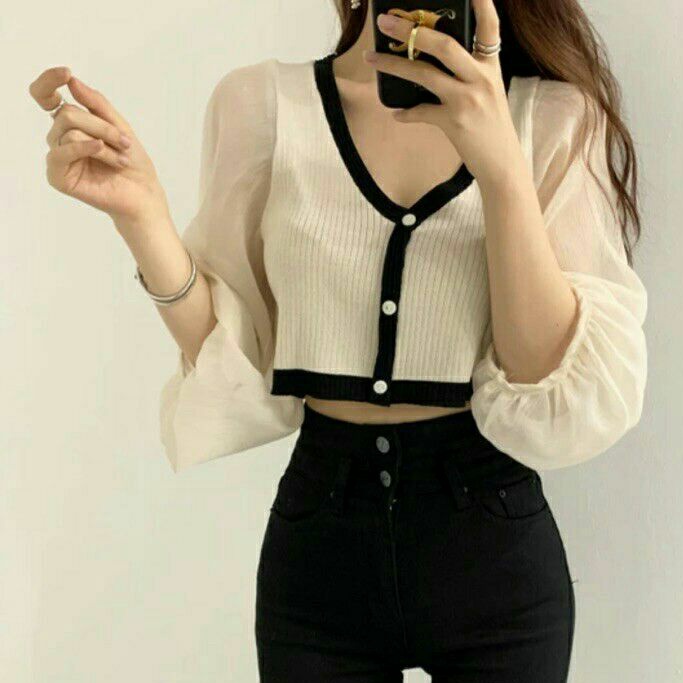 C8668 Crop Top Baju atasan pendek lengan balon wanita import baju atasan crop top lengan panjang bal