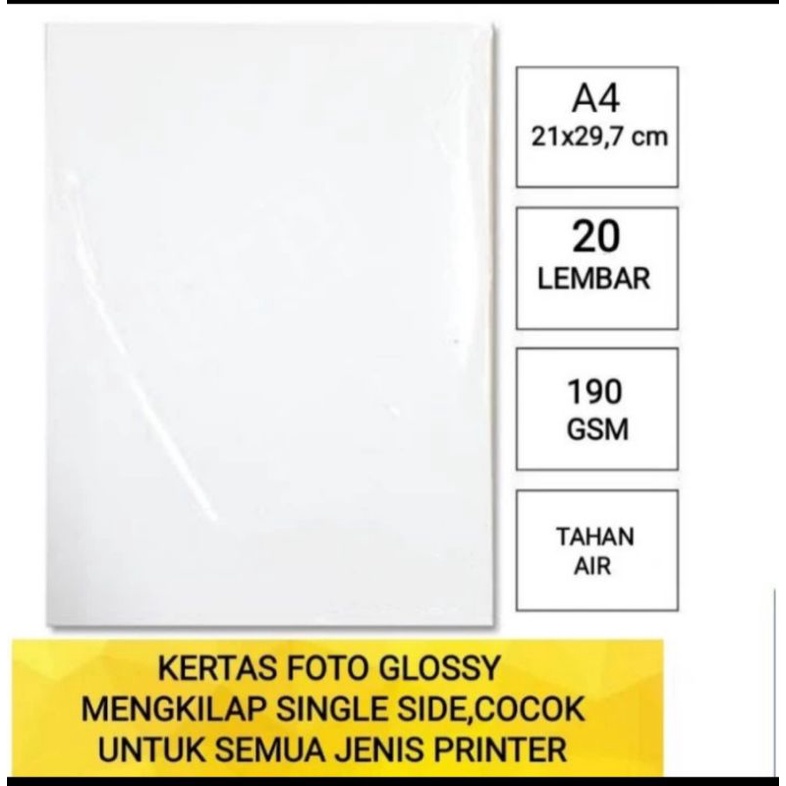 

kertas foto glossy 190 A4 isi 20 lembar/photo paper 190 gram SINGLE SIDE