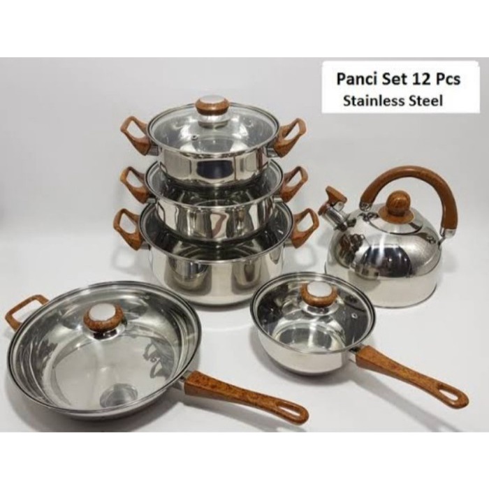 Panci Set Stainless Stell 12Pcs Peralatan Masak Dapur Set Gagang Kayu