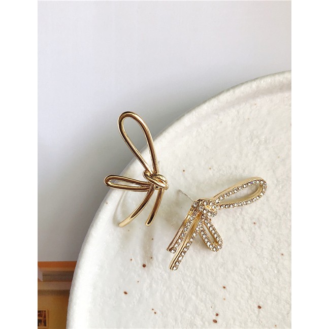 LRC Anting Tusuk Fashion Gold Rhinestone Bow S925 Silver Needle Earrings D00267