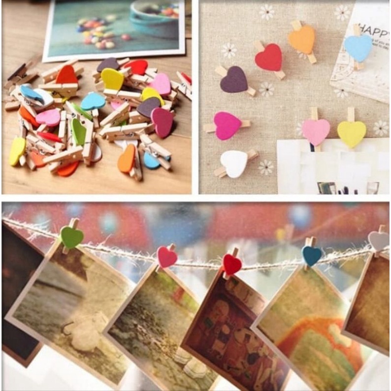 WOODEN CLIP LOVE Isi 10 pcs Jepitan Penjepit Kayu DIY Tali Ram Foto Polaroid Set