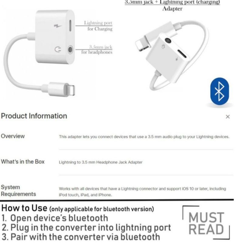 Termurah MEDAN [SUPPORT OPEN MIC] SPLITTER LIGHTNING ADAPTER JACK 3.5MM AUDIO JACK DUAL CONNECTOR / SPLITTER