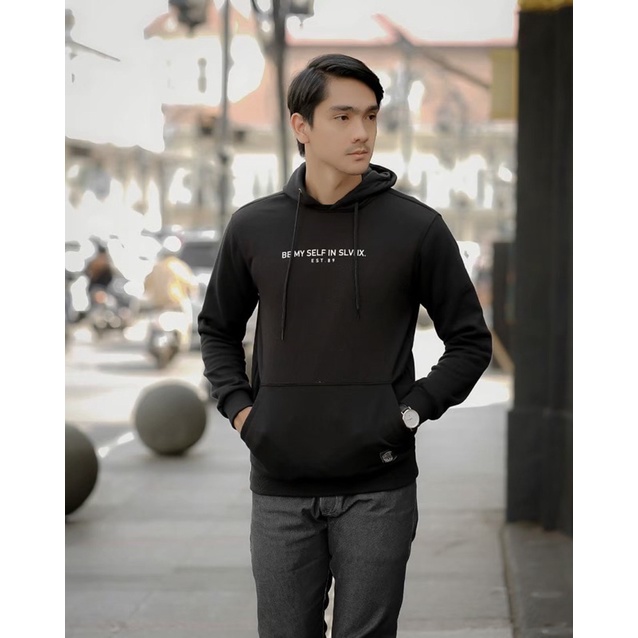 Sweater Hoodie Simple Jaket Pria Salviohexia Be My Selfe Hitam Putih