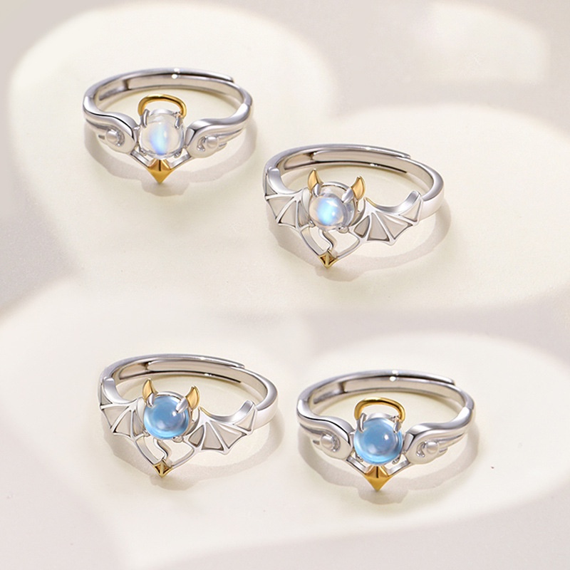 Cincin Model Terbuka Dapat Disesuaikan Desain Angels Demons Moonstone Untuk Pria Dan Wanita