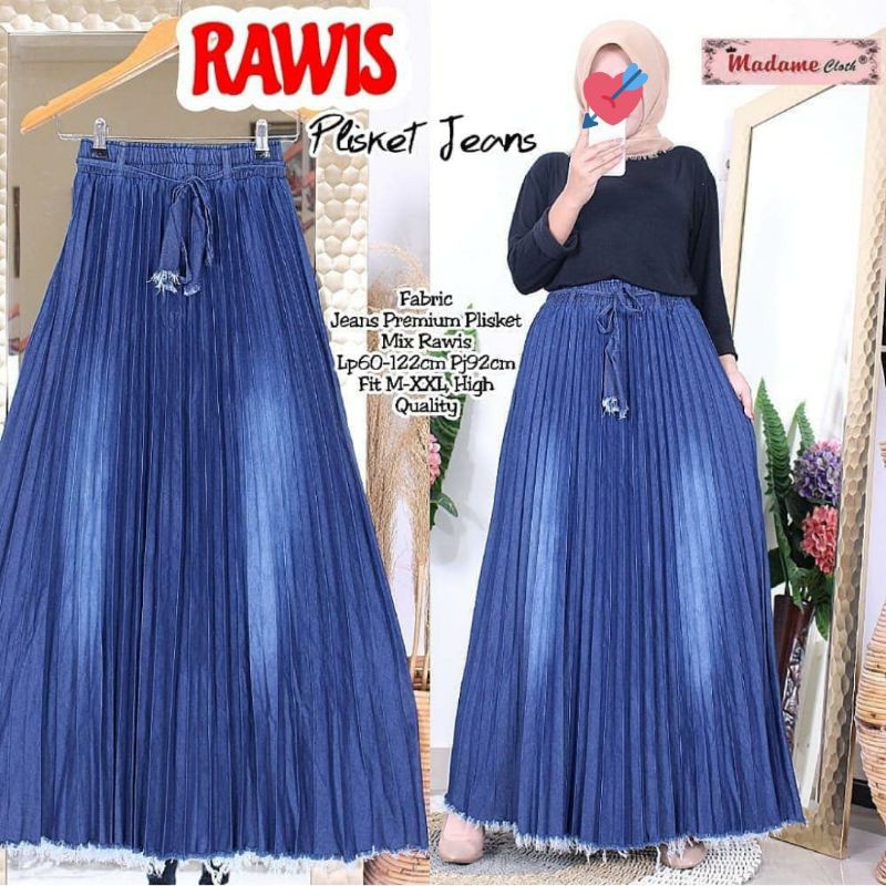 Rok Jeans Rawis Jumbo Model Plisket Tali Pinggang Full Karet Bawah Lebar Mayung Bawahan Wanita