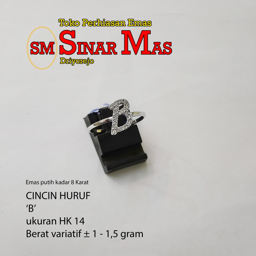 Cincin huruf 'B' emas putih 8 Karat ±1-1,5 gram ukuran hk 14