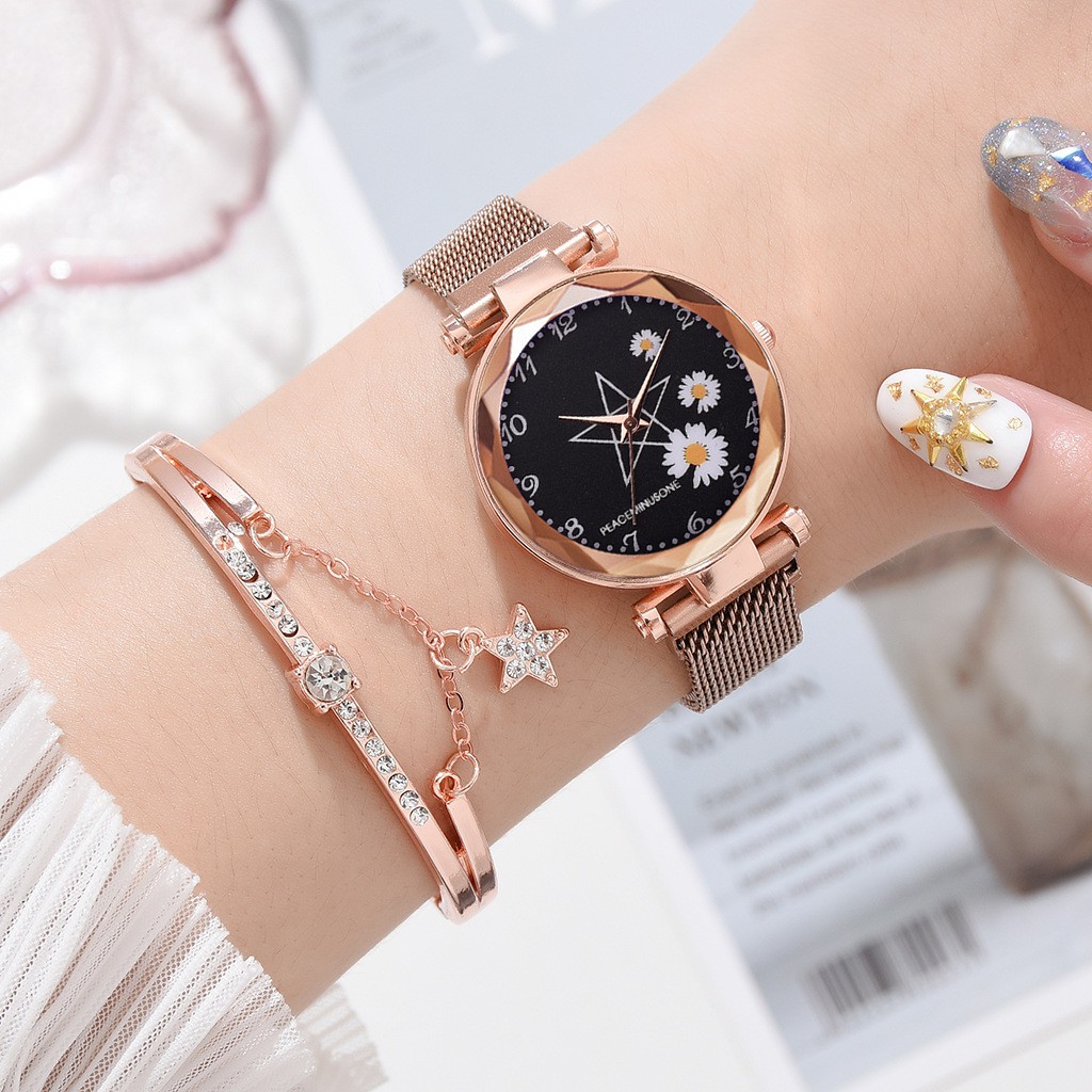 ELBER J174 Jam Tangan Rantai Wanita Jam Analog Motif Bunga Daisy-6