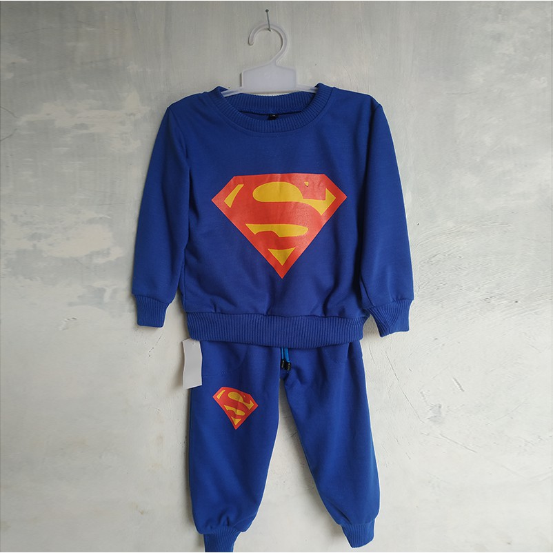 Setelan Jogger Sweater Training Anak Superhero Superman Biru Umur 2 3 4 5 6 Tahun