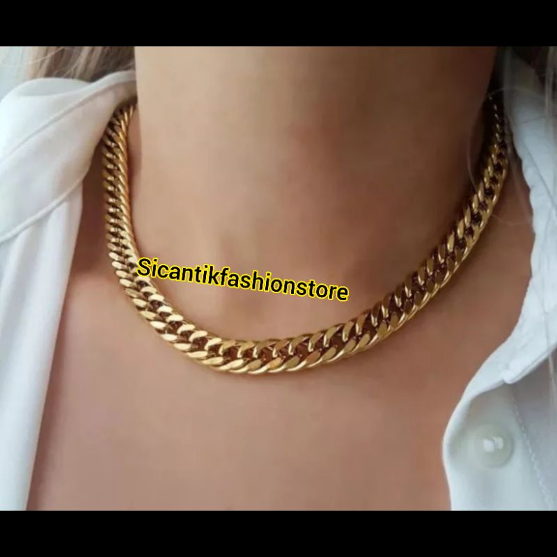 Kalung Korea Hip Hop Rantai Besar Anti Karat Rose Gold Pipih Korean Necklace Big Chain Kalung Titanium Rantai Padat Gold