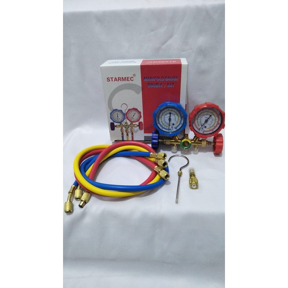 Paket isi Pr3on double manifold Multi semua AC (lengkap + adaptor) untuk pengisian r22,r410,r500,r600,r800.r32