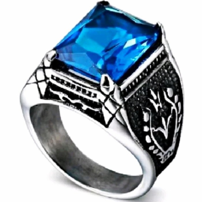 Cincin Pria Champion Blue Crystal Ring Titanium Mata Permata Biru