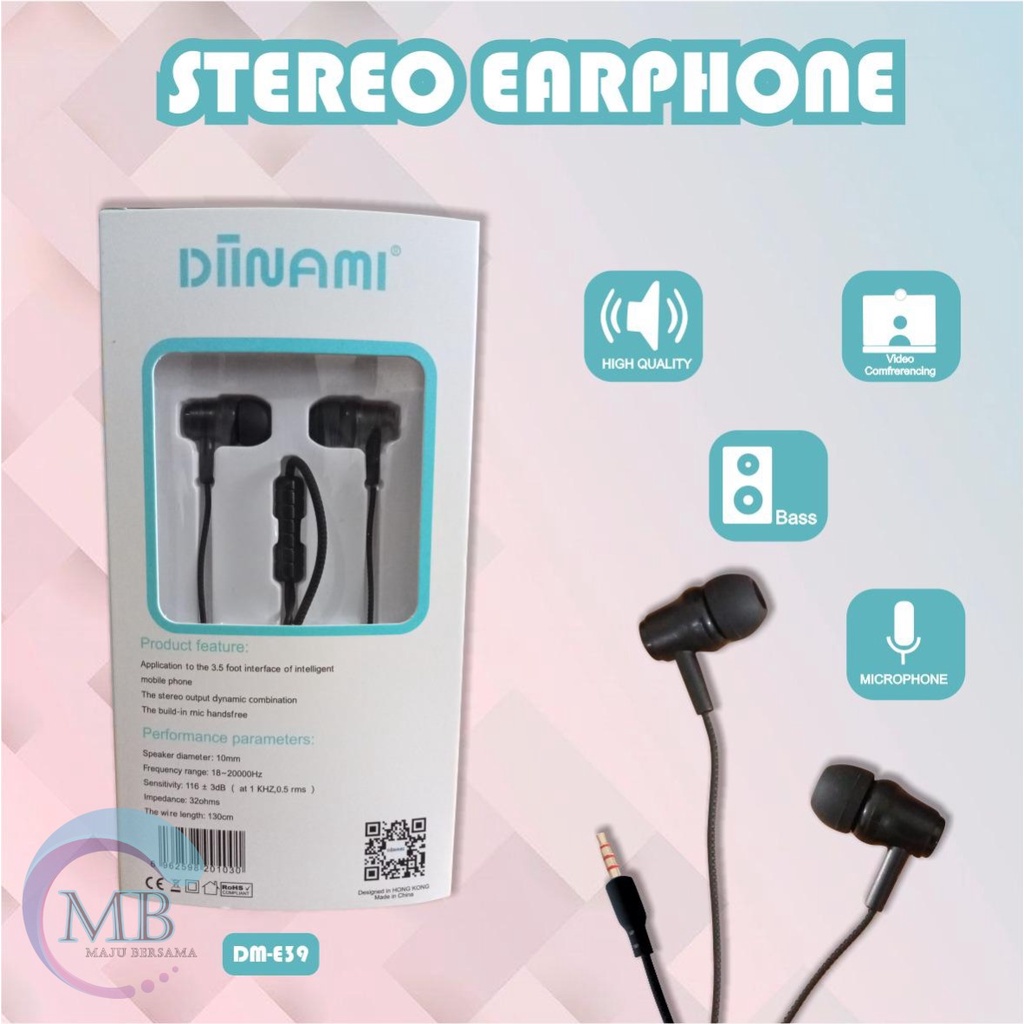BM031 Headset DIINAMI E39 stereo Earphone Bass Android iPhone Original With MIC - Garansi 1 Tahun MB2814