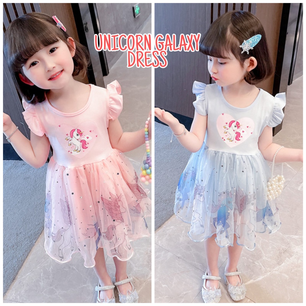 UNICORN GALAXY DRESS BAJU DRES ANAK PEREMPUAN KOREA IMPORT DAILY OUTFIT GAUN ANAK LUCU