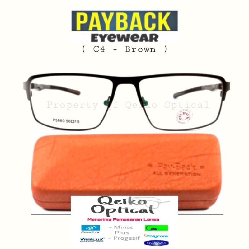 Frame Kacamata Pria Titanium Metal Payback C4- S 56 Brown Original - Size Lebar