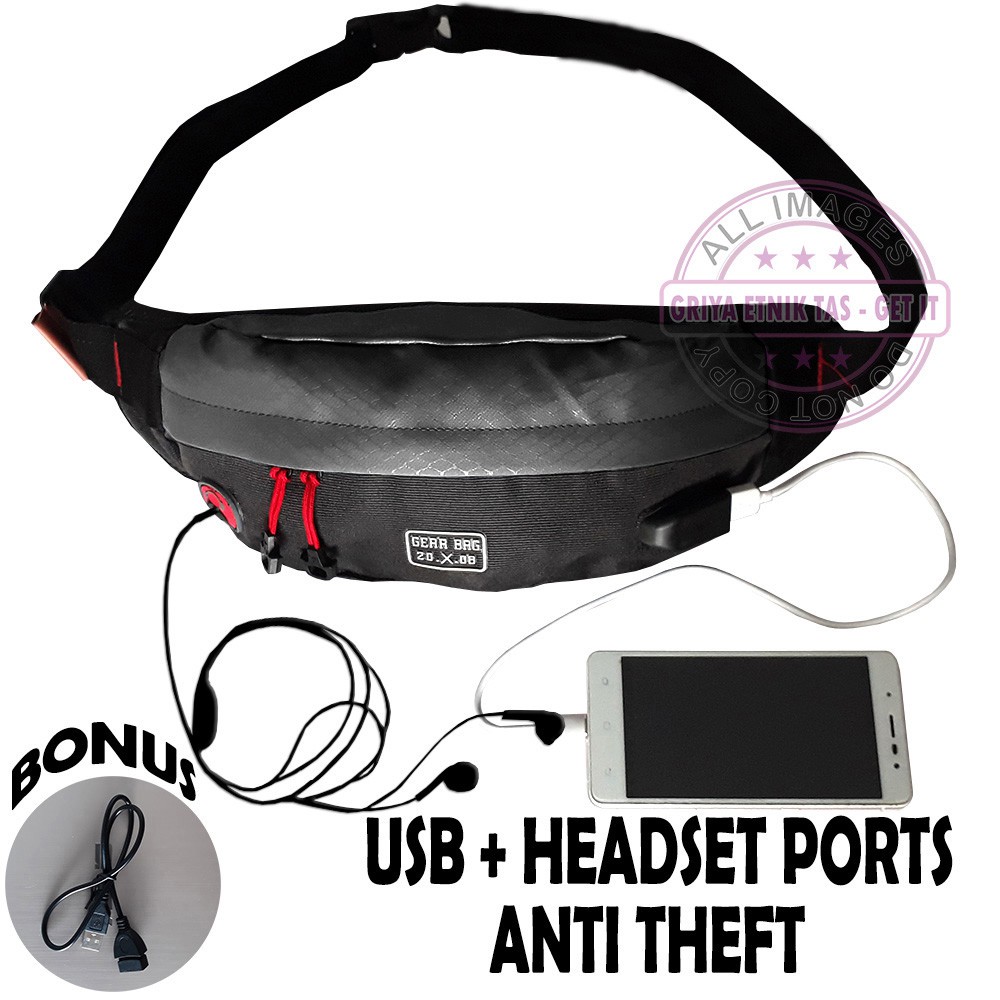 Waistbag Tas Selempang Tas Dada Tas Pinggang Gearbag 13109 Port Usb Gratis Kabel USB