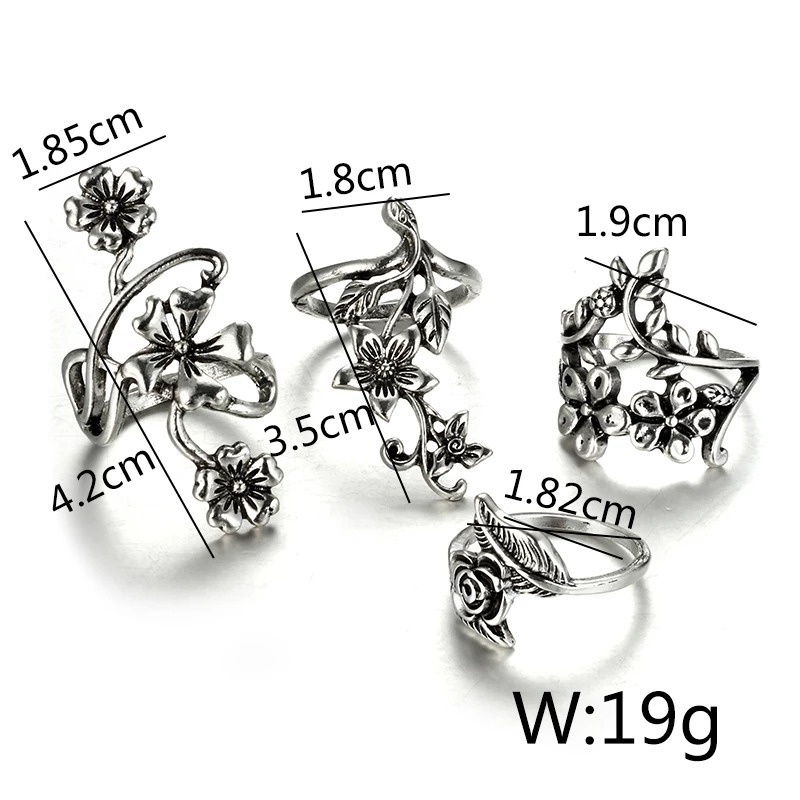 4pcs / Set Cincin Bentuk Bunga Mawar Daun Bahan Logam Gaya Bohemian Punk