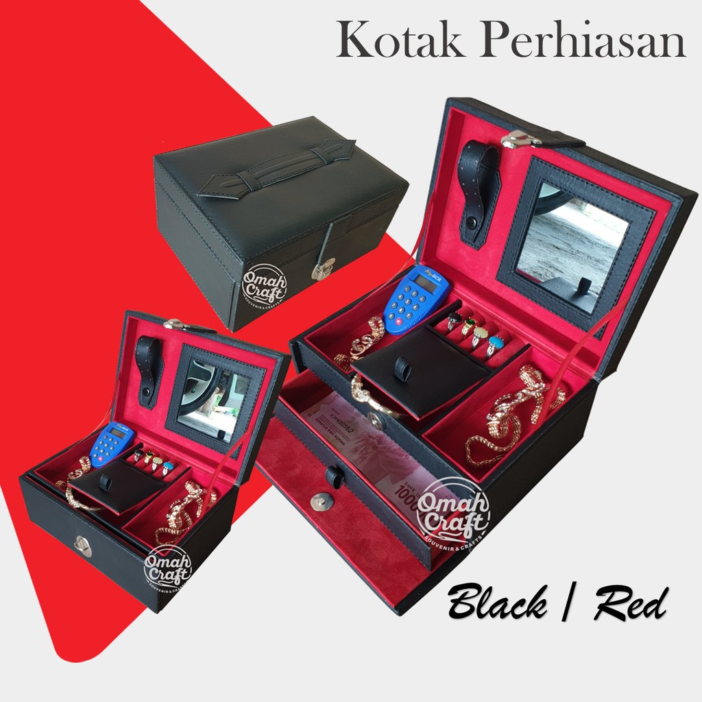 Tempat Perhiasan dan Aksesoris Emas Gelang Kalung HITAM dalam MERAH