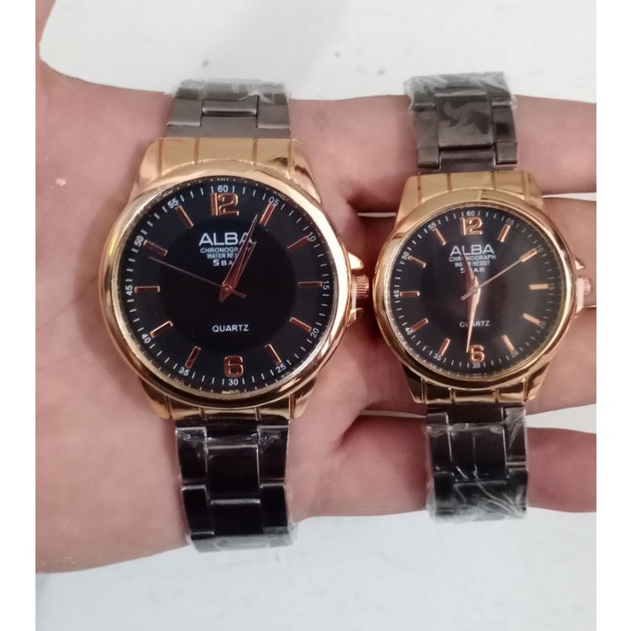 (Grosir)Jam Tangan Couple Alba ll Full Black Strap Rantai/Stell(Terima Cod)