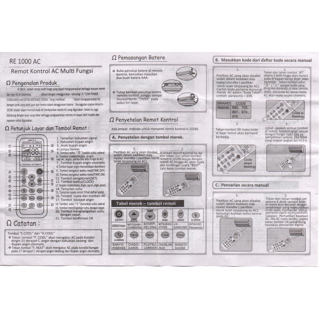 Remot / Remote AC Multi Universal 1000 in 1 untuk berbagai merk AC (panasoni, LG, Samsung, dll)