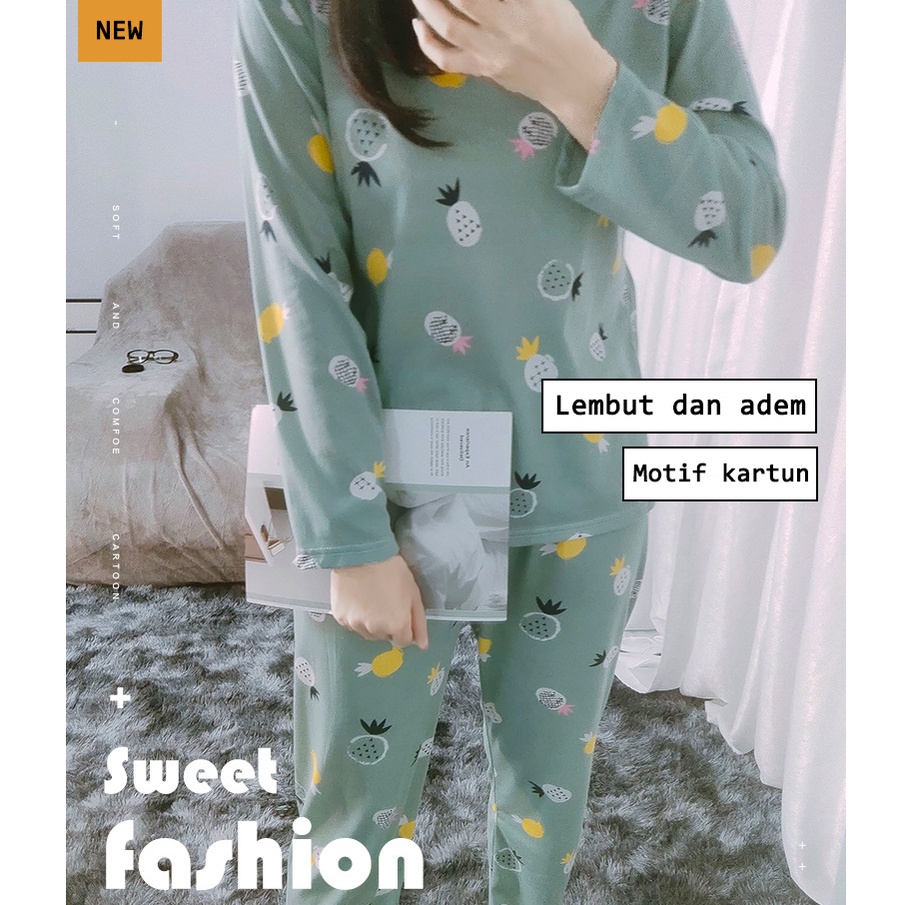 Setelan Lengan Panjang Piyama Baju Tidur Wanita Kartun Karakter Pajamas Dewasa set Piama Wanita-4