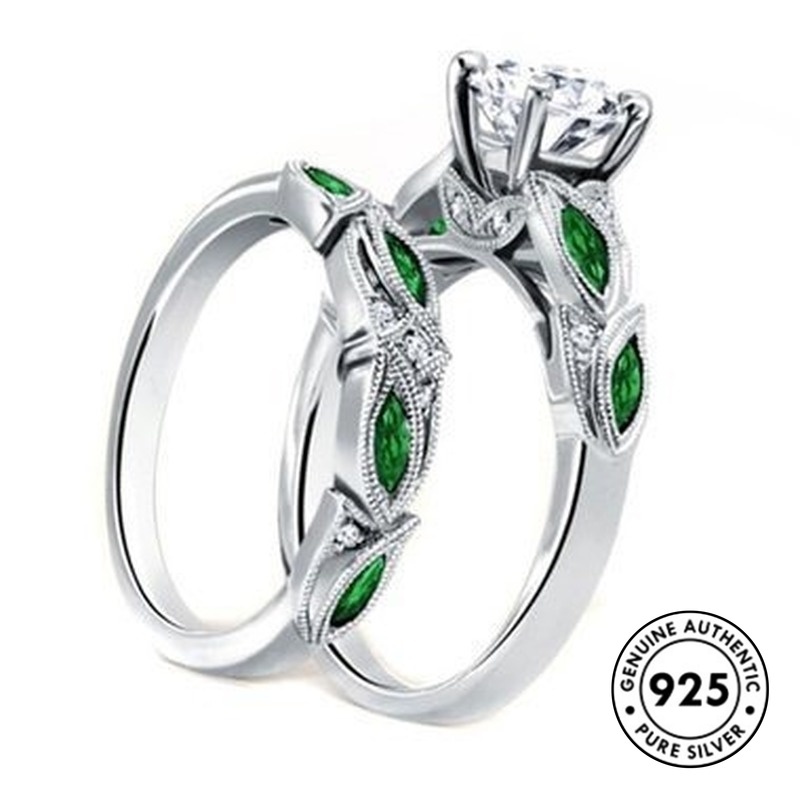 Set Cincin Sterling Silver 925 Desain Daun Hijau Hias Kristal Berlian Imitasi Untuk Wanita