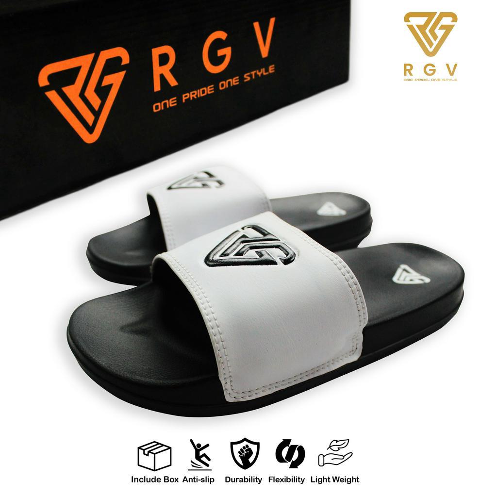 RGV - SANDAL PRIA DAN WANITA SLIDE SLIP ON SENDAL ANTI LICIN RINGAN SELOP WHITE BLACK LOGO