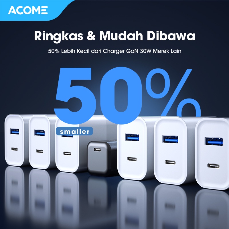 ACOME Charger GaN 30W Fast Charging PD/QC 3.0 Support Laptop/iPad Garansi Resmi 1 Thn - ACG30 Nano