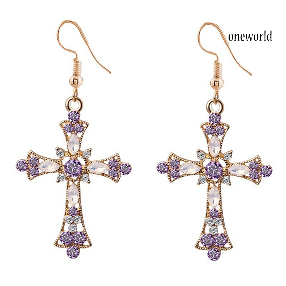 OW@ Women Rhinestone Inlaid Cross Pendant Chain Necklace Hook Earrings Jewelry Set