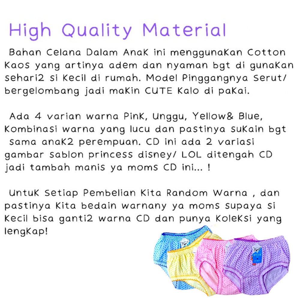 1 Lusin (12 Pcs) CD Celana Dalam Anak Perempuan Cewek Polos Sablon Cantik