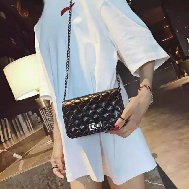 tas import wanita selempang kulit sentetis tali rantai sling bag cewek murahlucu