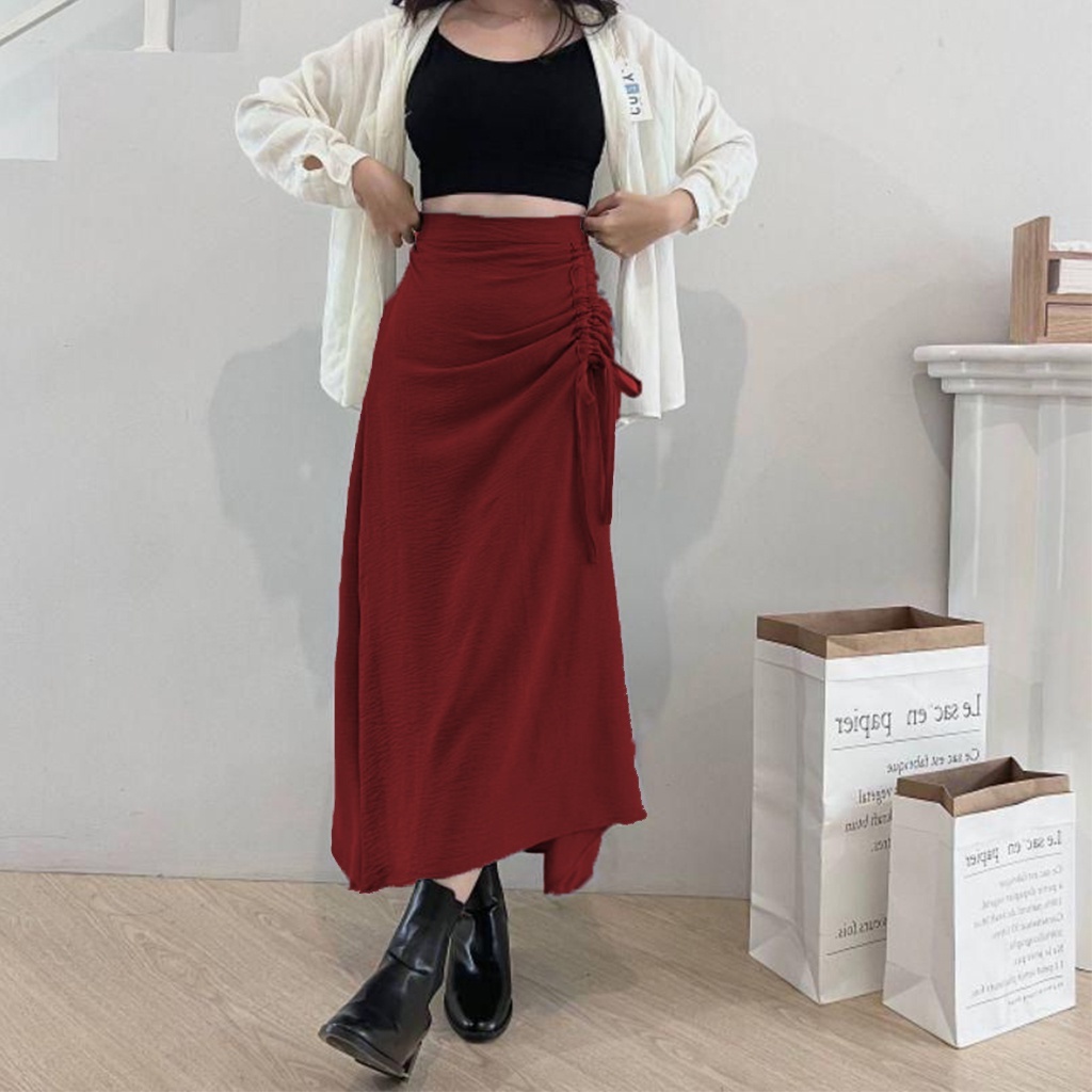 Rok Serut Casual Flowy - Midi Maxi Ruched Skirt - Rok Wanita Korean Look-Maroon