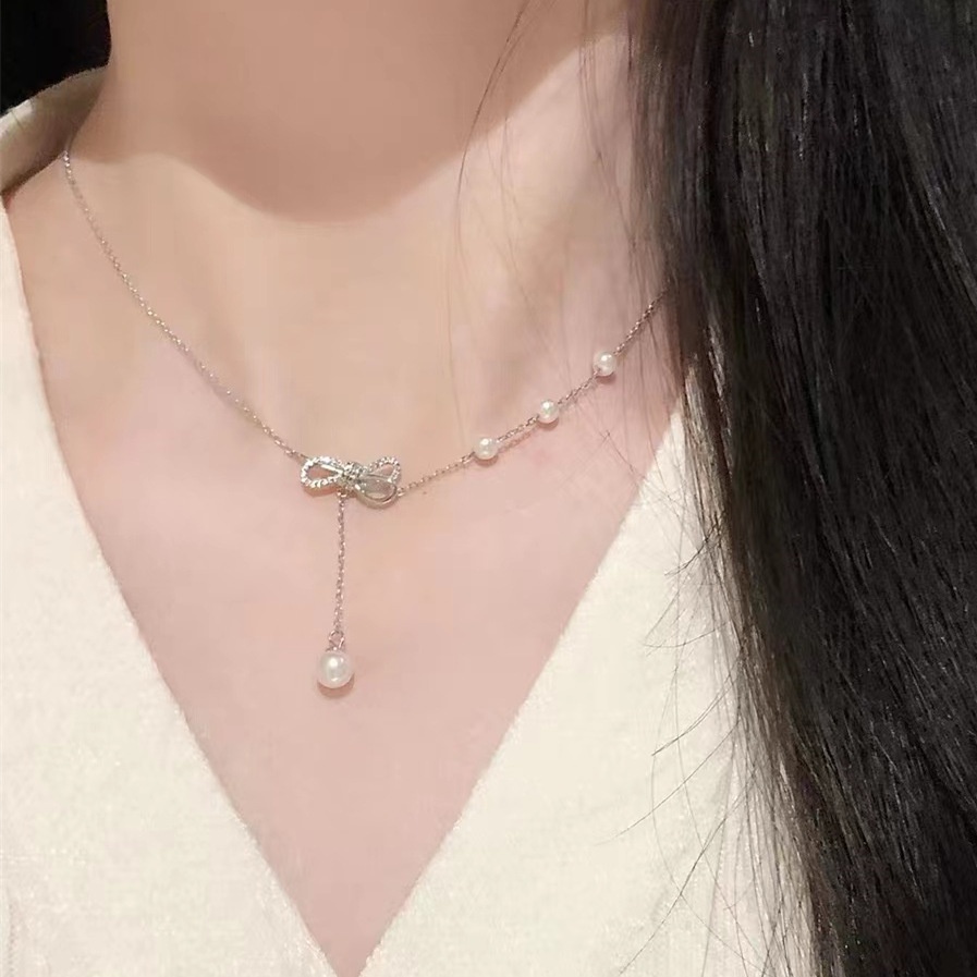 Kalung Mutiara Zircon Bentuk Pita Gaya Korea