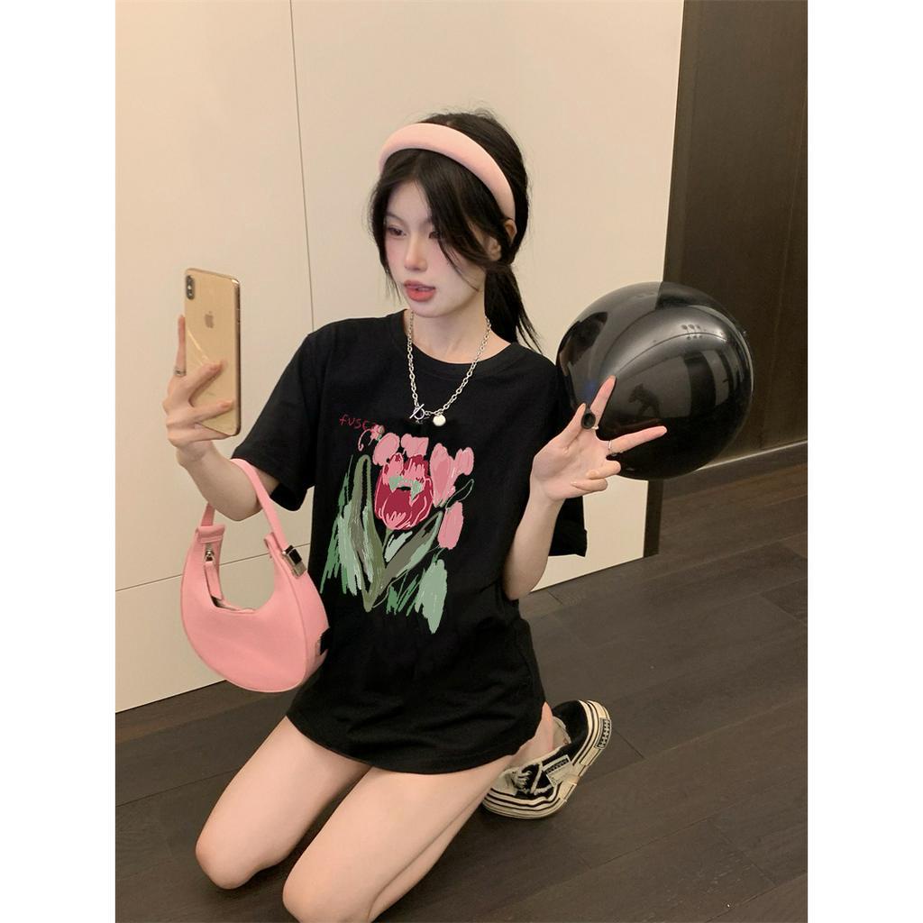 EUNII T-shirt Lengan Pendek Cartoon Oil Painting Flowers Korean Style/Kaos Atasan Wanita/Baju Kaus Oversize Wanita/Kaos Wanita