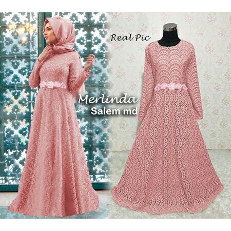 Ready Baju Gamis Pesta Remaja Full Brokat Brukat Premium Melinda Warna Salem Peach