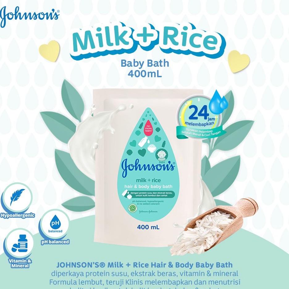 JOHNSONS Milk + Rice Baby Bath Hair &amp; Body 400ml - Sabun Bayi 2in1