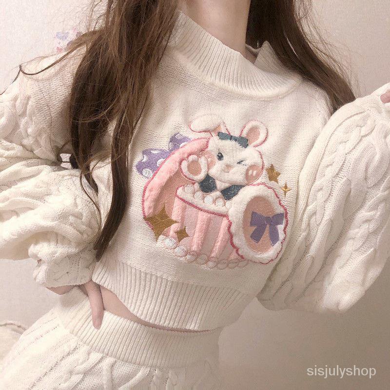 #Sisjuly# [Set dua potong] Sweater pakaian luar penurun usia pendek wanita + rok pinggul pelangsing