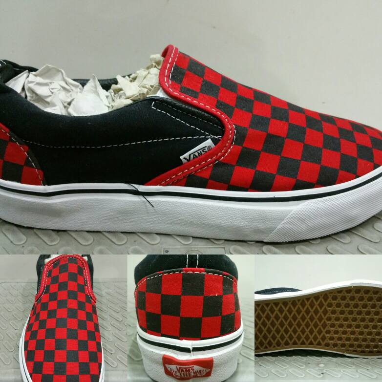 vans slip on checkerboard skate shoe - red / black