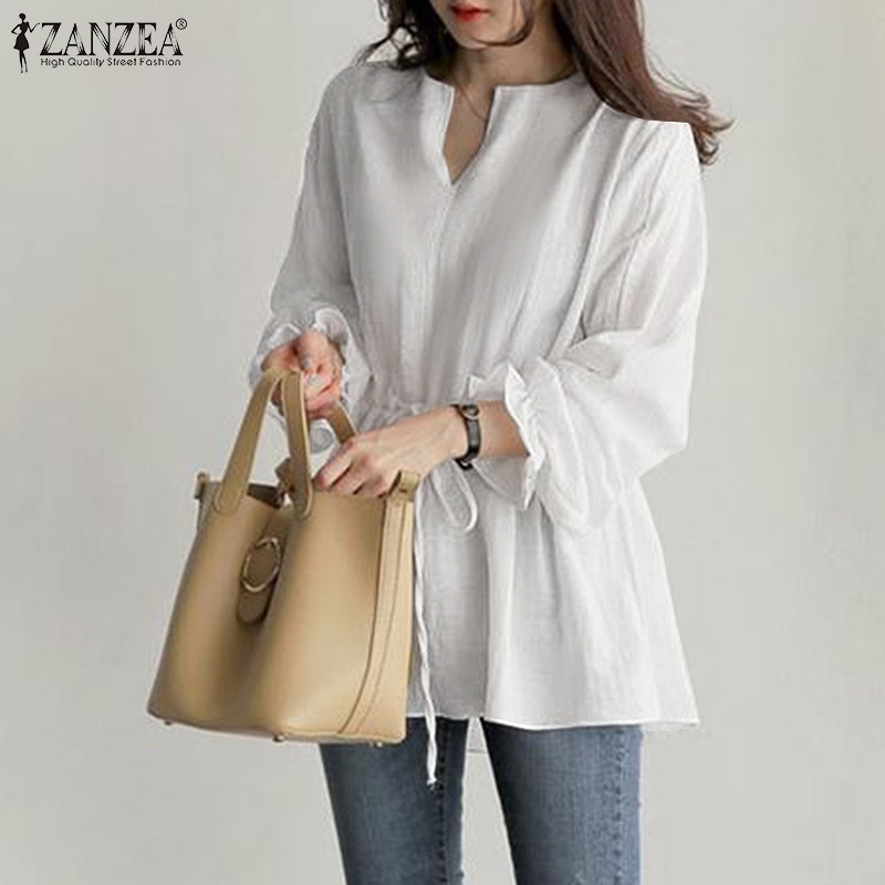 ZANZEA Women Drawstring Waist Long Puff Sleeve Loose Elastic Cuff Casual Blouse