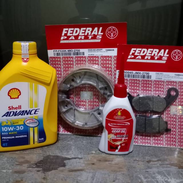 Paket kampas rem depan &amp; belakang + oli Shell ax5 matic + oli gardan for Mio smile/Mio J/Mio soul