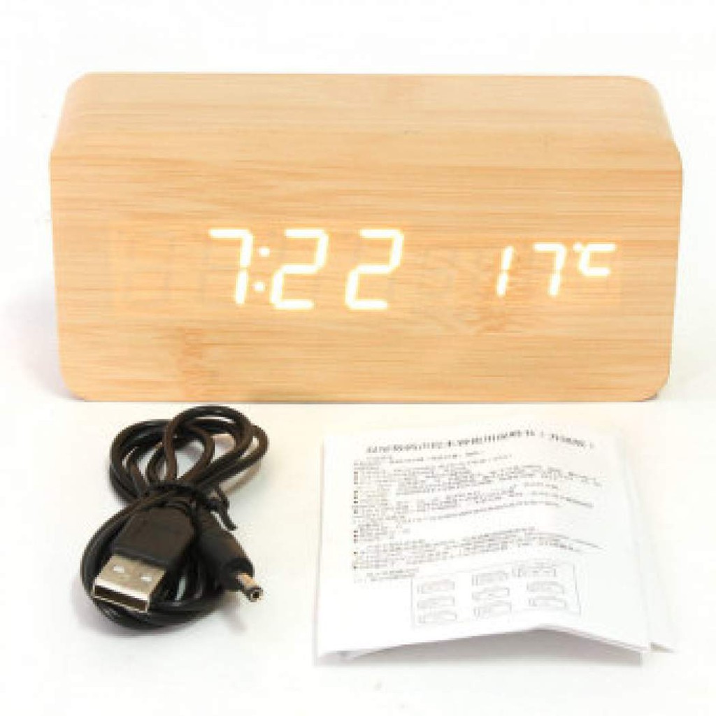 Jam Meja Kayu LED digital Alarm clock wood with temperature and date