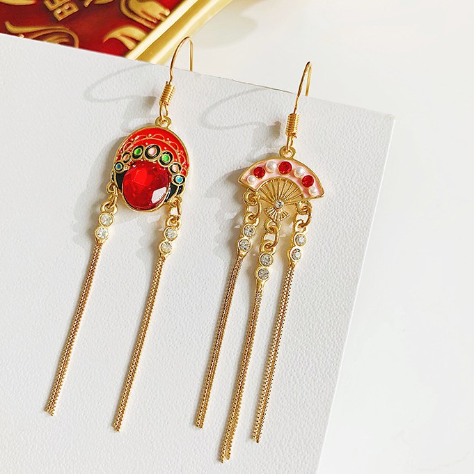 Anting Korea Warna Merah Panjang Statement Import Imlek Topeng Opera Kipas - EE0129