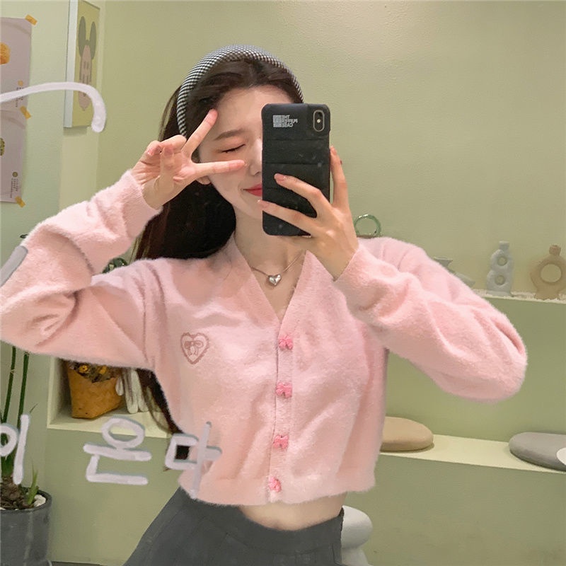 import sweet and gentle wind V-neck milk sweet pink cardigan sweater atasan wanita lengan panjang be