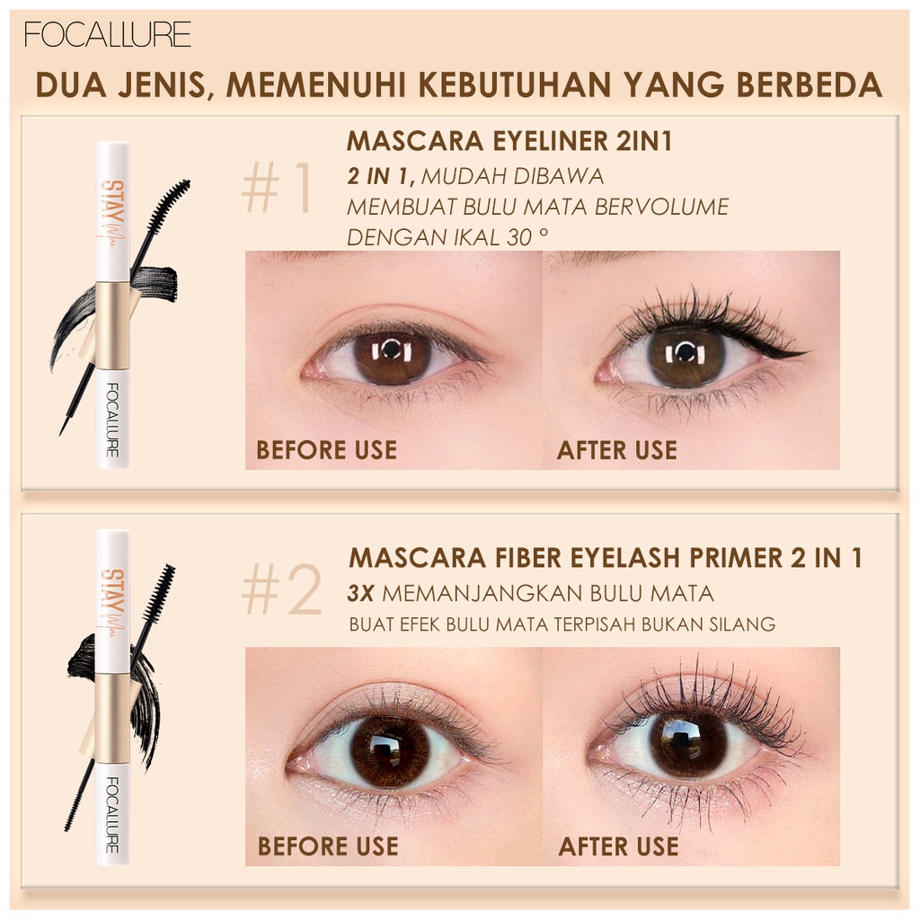 FOCALLURE Volumizing Mascara &amp; Waterproof eyeliner fiber eyelash primer 2 IN 1 mudah dibawa